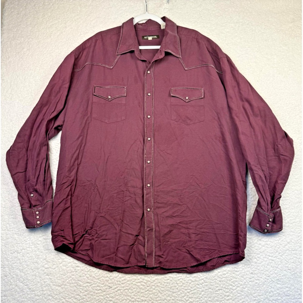 Stetson Shirt Mens 3XL Burgundy Western Pearl Snap Long Sleeve Silk Cotton Yoke